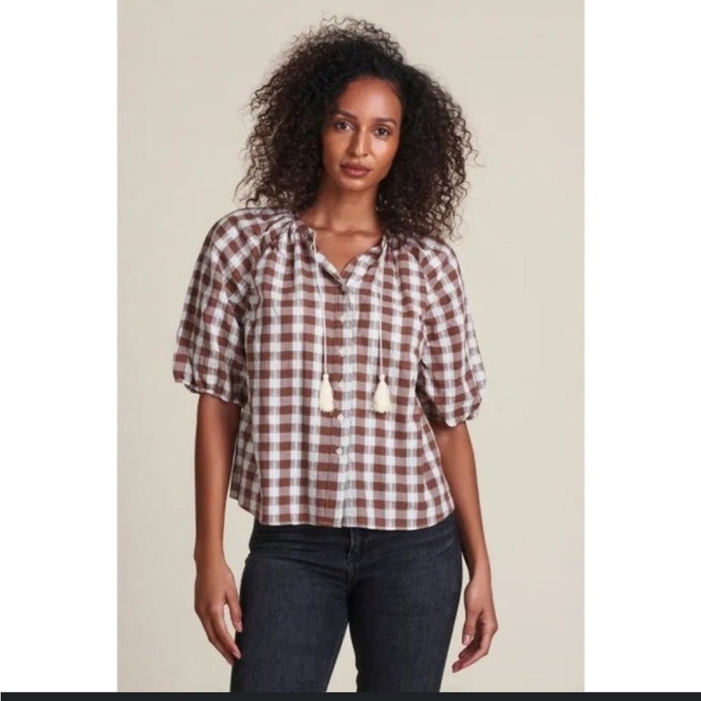 The Shirt Rochelle Behrens tassel Antoinette blouse brown ivory plaid small s